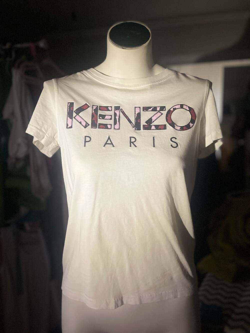 Kenzo Paris White Graphic Tee Leopard Applique Logo Embroidered Short Sleeve T-S